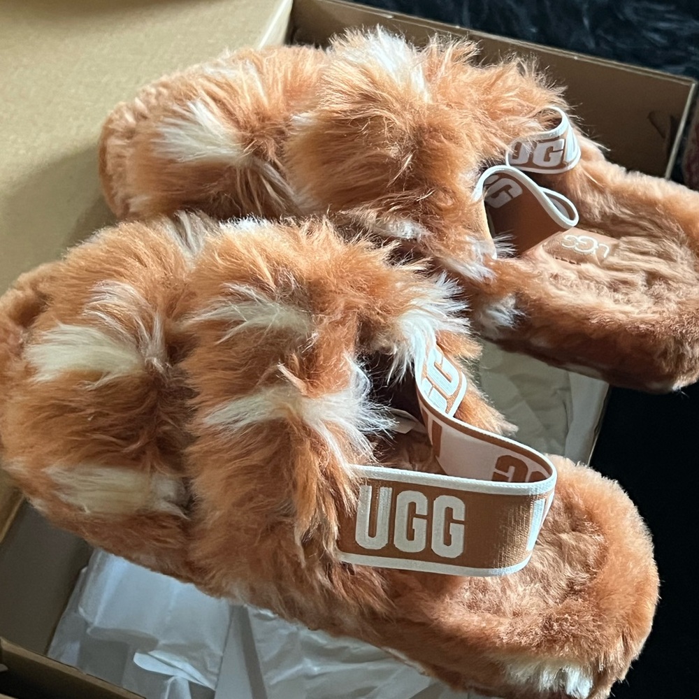 UGG Fluffy Slippers in Tan and Cream